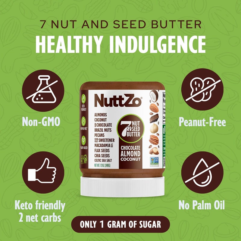 NuttZo Keto Chocolate Almond Coconut - 7 Nut And Seed Butter, Coconut, Brazil Nuts, Almonds, Pecans & More, Keto Friendly, Only 1g Sugar, No Added Oil, Non-GMO, Dark Chocolate, 2g Net Carbs, 12 oz Jar - Image 2